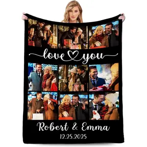 Custom Photo Flannel Throw Blanket, Black 3x3 Couples Collage Blanket with "Love You" Script Heart Design, Personalized Names & Date, Soft Cozy Warm Blanket for Christmas, Anniversary, Valentine’s Day & Couples Gift