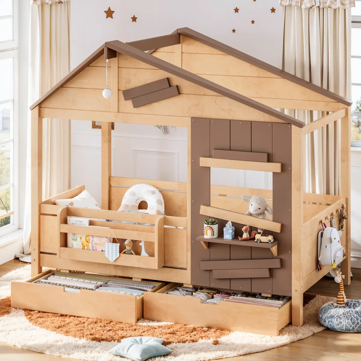 [Bellemave] Twin/Full Farmhouse Spliced House Bed with Window Shelf & Side Hooks, Playhouse Bed Frame with Underbed Storage Drawers and LED Light, Easy Assembly