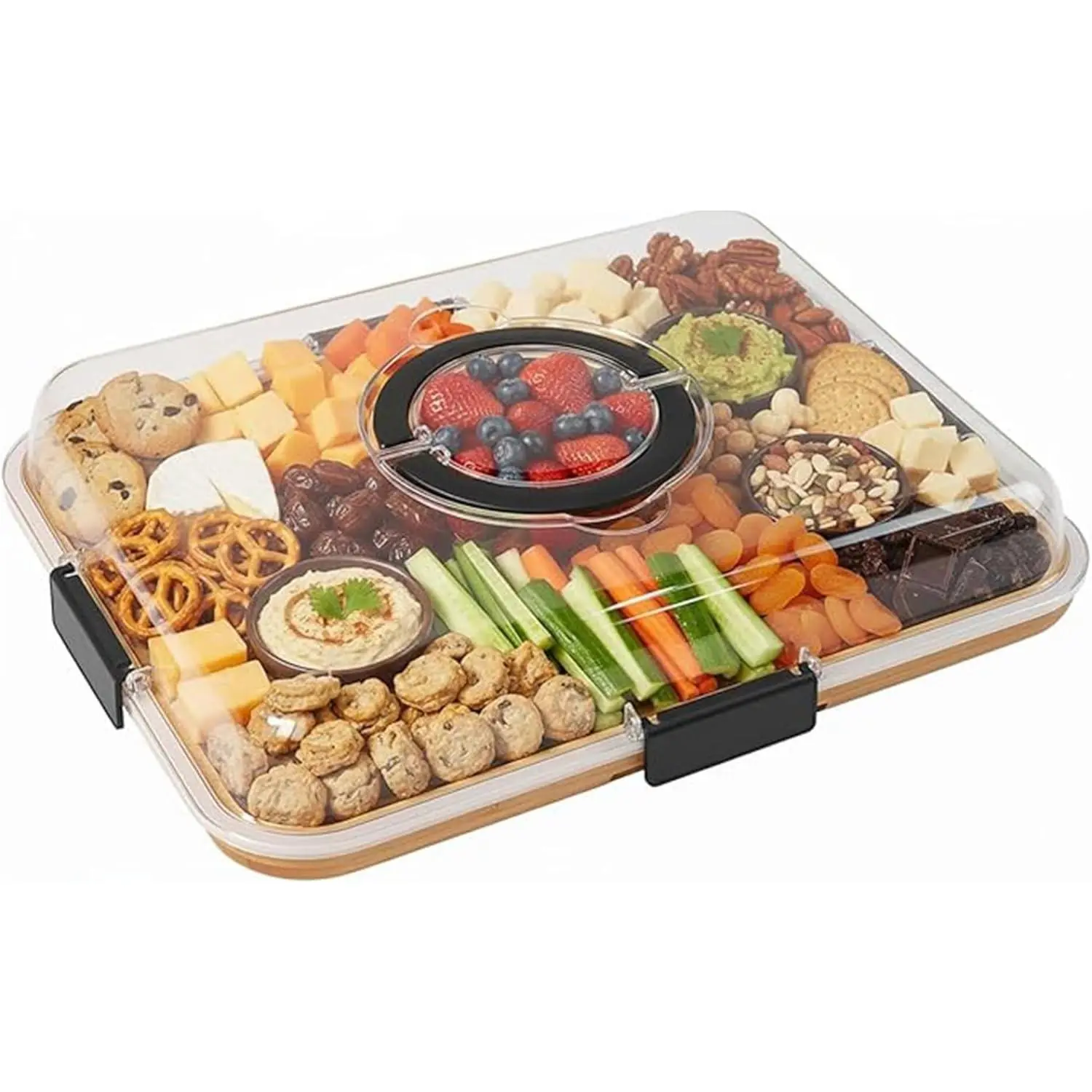 Bamboo Charcuterie Cheese Board with Clear Lid, Portable Snack Serving Tray with Handles & Compartments for Parties, Travel, Entertaining