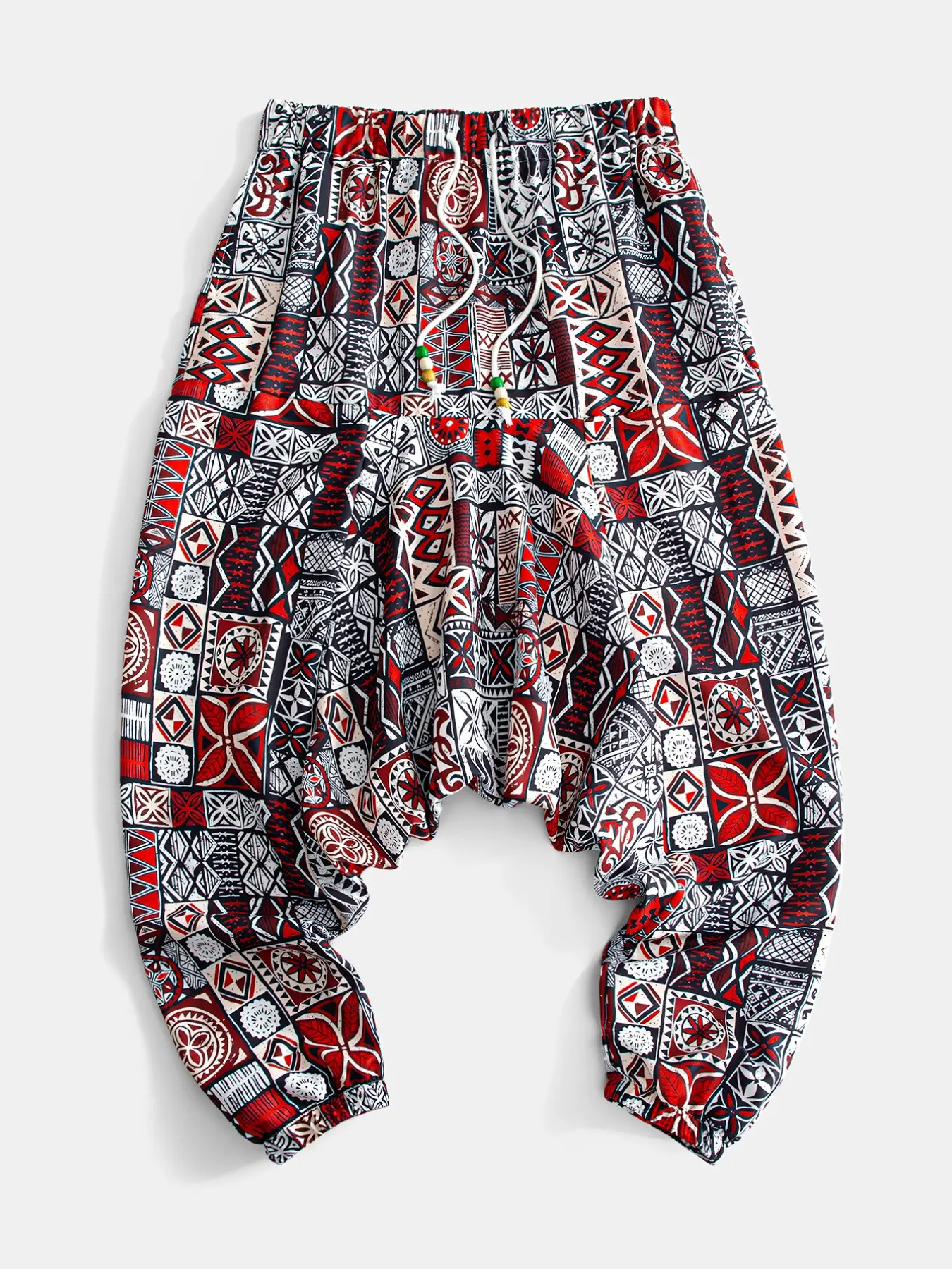 Men's Tribal Print Harem Pants, Elastic Waist Drop Crotch, Casual Pants for Beach Vacation, Comfortable Yoga Wear, Beach Trousers, Casual Wear Bottoms
