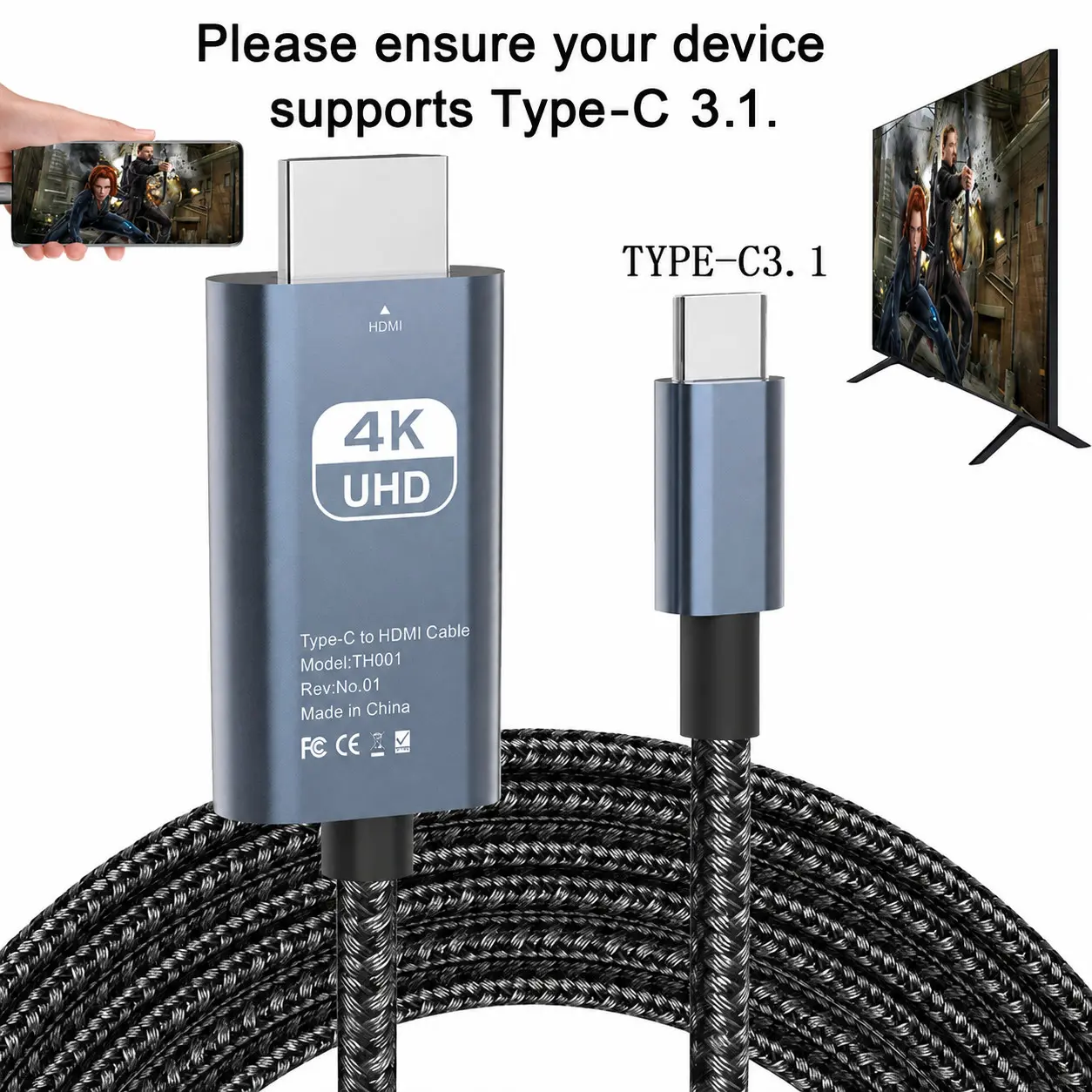 USB 3.1 Type-C to HDTV Adapter Cable, USB-C to HDMI, 4K HD Display, HDMI Output, 2m/6.6ft, USB-Powered, No Battery, Direct Phone to TV/Screen/Projector Connection, No WiFi or Software Needed