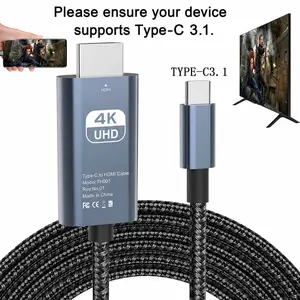 USB 3.1 Type-C to HDTV Adapter Cable, USB C HDMI, 4K HD Display, 2m/6.6ft, USB-Powered, No Battery, Direct Phone to TV/Screen/Projector Connection, No WiFi or Software Needed