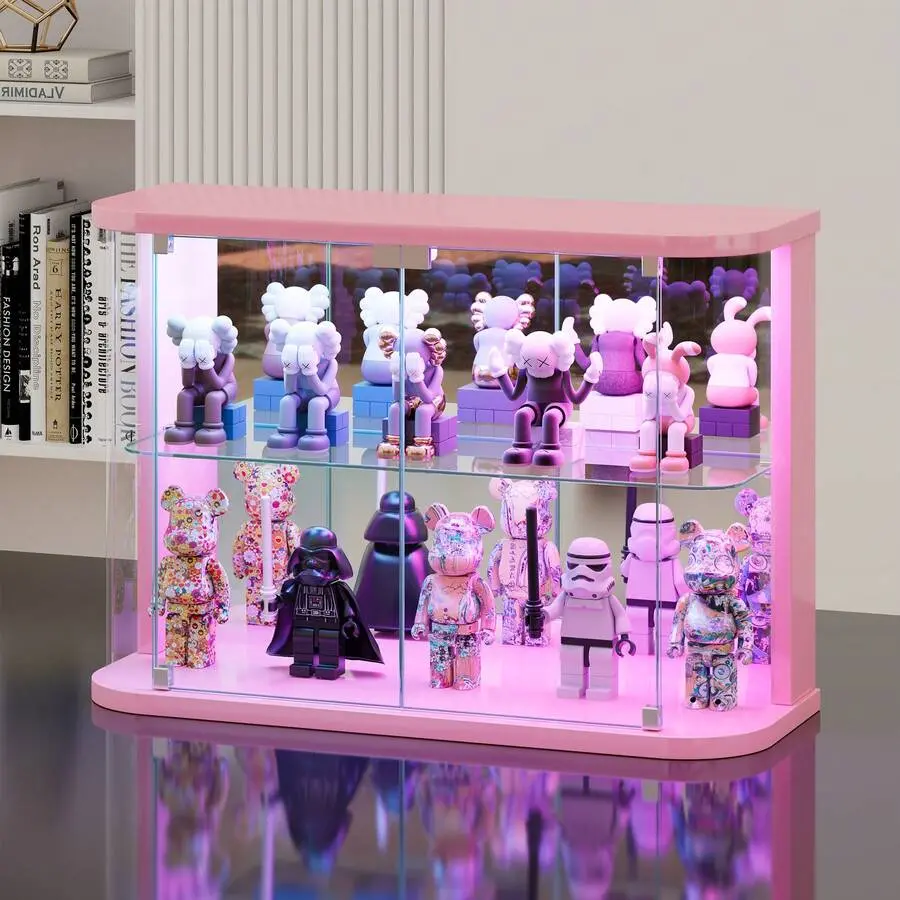 Rounded Display Case - With Glass Door, 2-Tier Curio Display Cabinet With Lights Collectibles, Small Lighted Display Box With Full-Display,Mirror Back,White