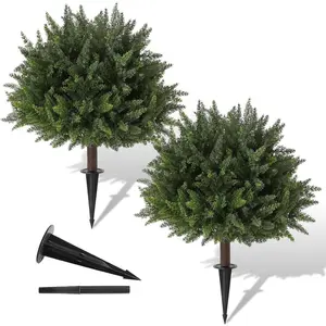 2 Pack Artificial Cedar Topiary, 23.6Inch  Artificial Shrubs, with Ground Spikes, Indoor and Outdoor  Evergreen Tree for Porch, Garden, Front Door Decoration