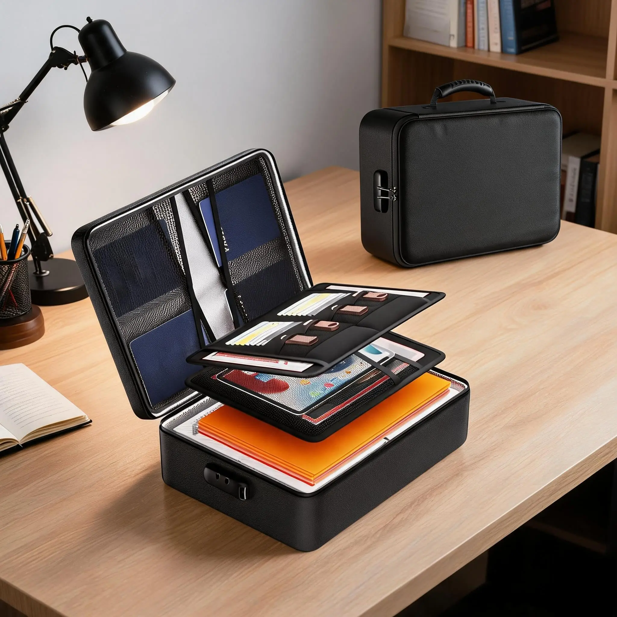 Garvee Fireproof Waterproof Document Box with Dial Lock Portable Storage Case Compatible with A4 Notebooks, Laptops, Passports, and Certificates Hard Case Black