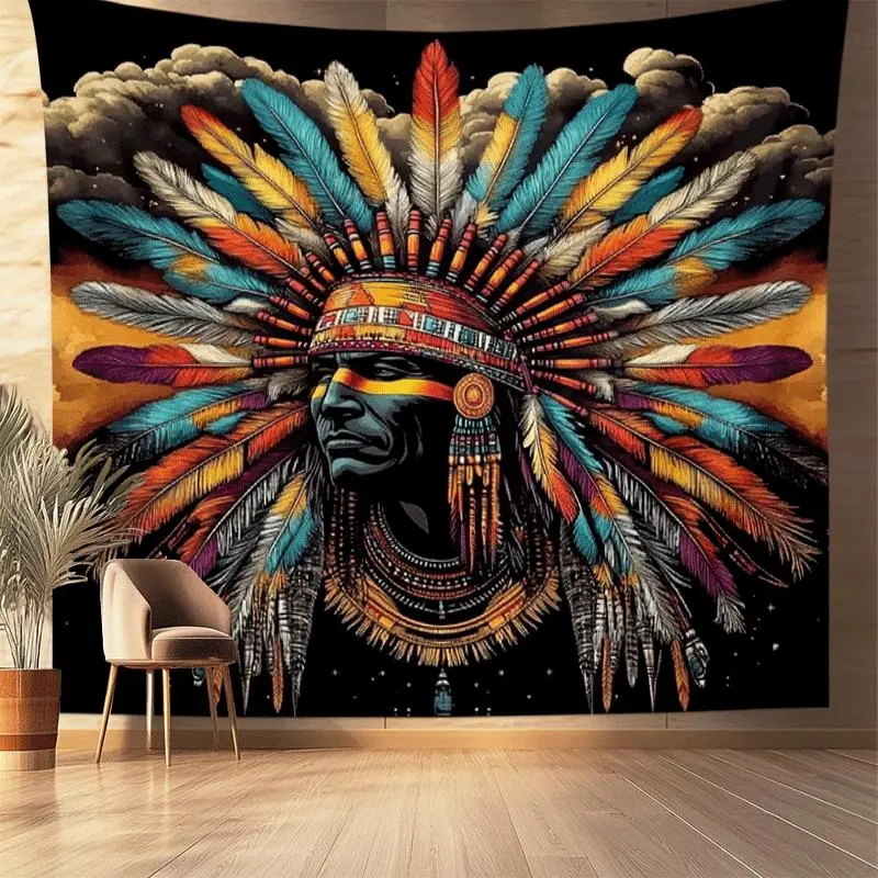1pc Vibrant Native American-Inspired Tapestry with Feathered Headpiece - Colorful Wall Hanging Art for Bedroom, Living Room, or Dorm - Easy to Hang and Store, Polyester Fabric, Indoor Decor, Living Room Art | Vibrant Wall Art | Durable Wall Fabric