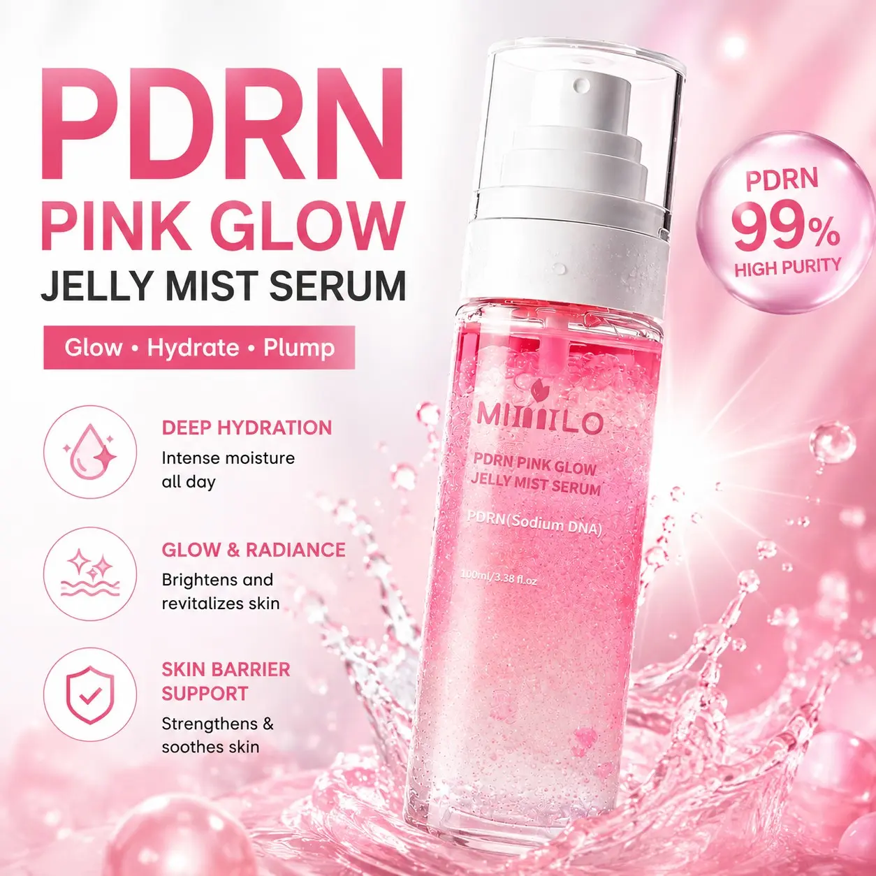 PDRN Pink Glow Jelly Mist Serum – Collagen Water, Niacinamide & Salmon Egg Extract | Hydrating, Moisture, Brightening, Enhancing Glow & Radiance Boosting K-Beauty Mist Serum