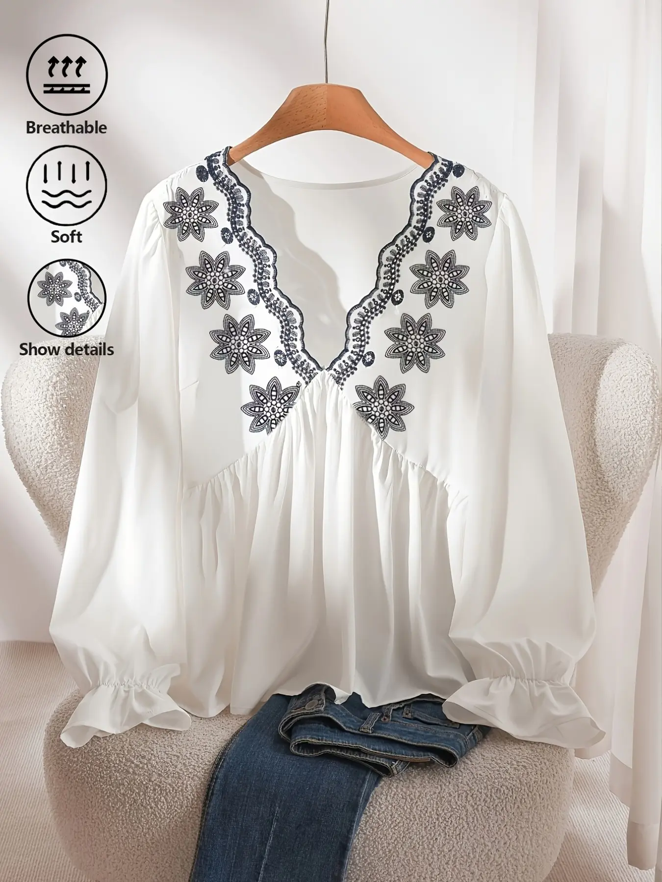 Plus Size Embroidery Long Sleeve Blouse Casual V-Neck Loose Blouse, Basic Daily Everyday Tops, Relaxed Fit Casual Ensembles, Stylish Floral Embroidery Ruffle Cuff Wear