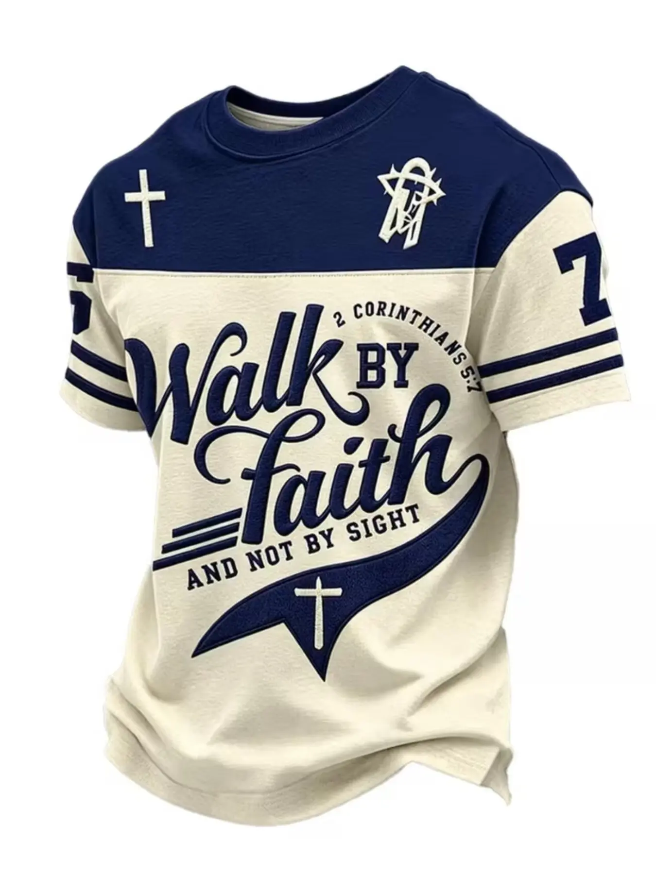 Christian Men's Jesus Cross T-Shirt, Long Slim-Fitting Casual Top, All over Print, Without Button or Collar, Unlined T-Shirt