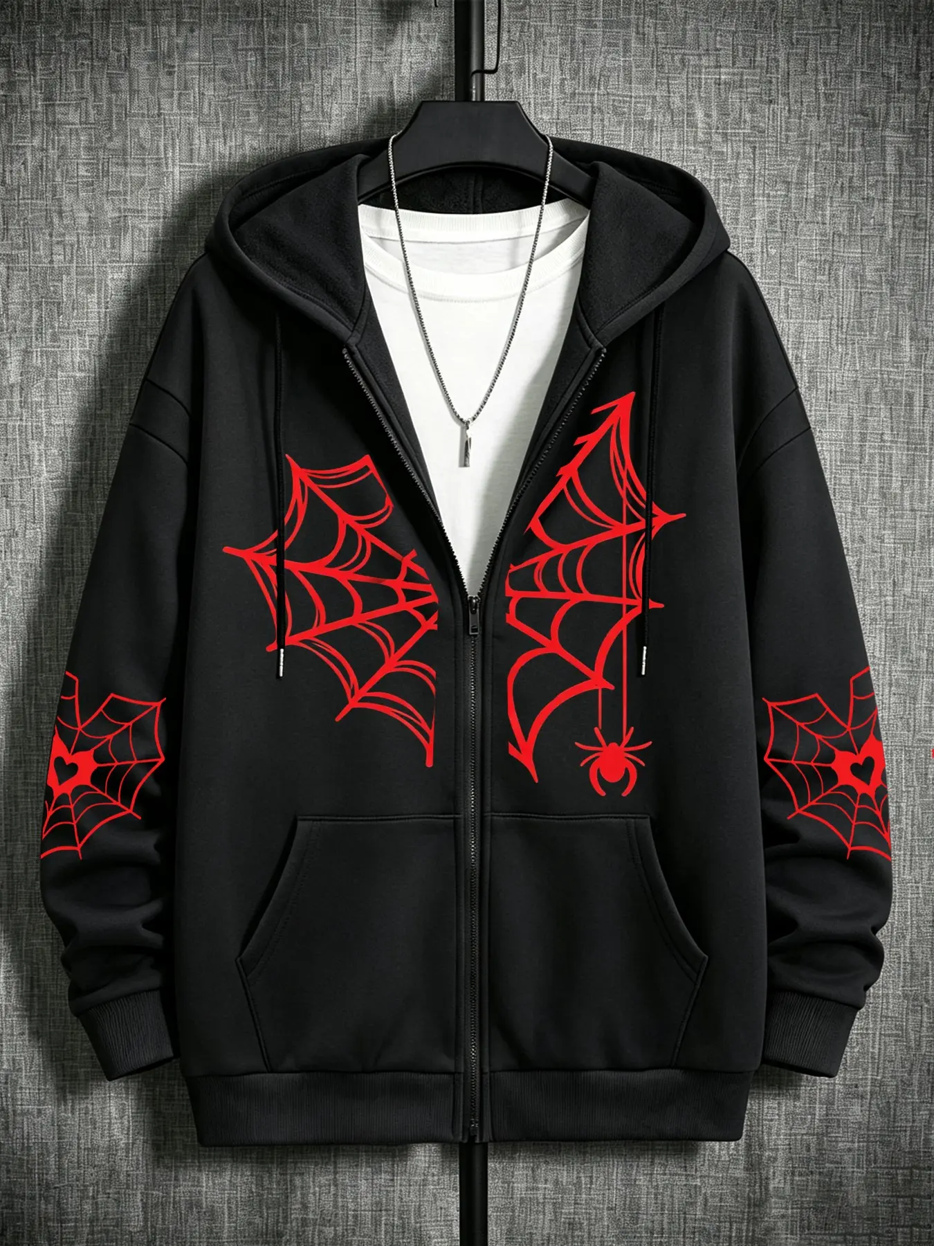 Men's Halloween Spider Web Print Hooded Zipper Sweatshirt, Fitted Outerwear for Fall & Winter, Casual Street Style Top