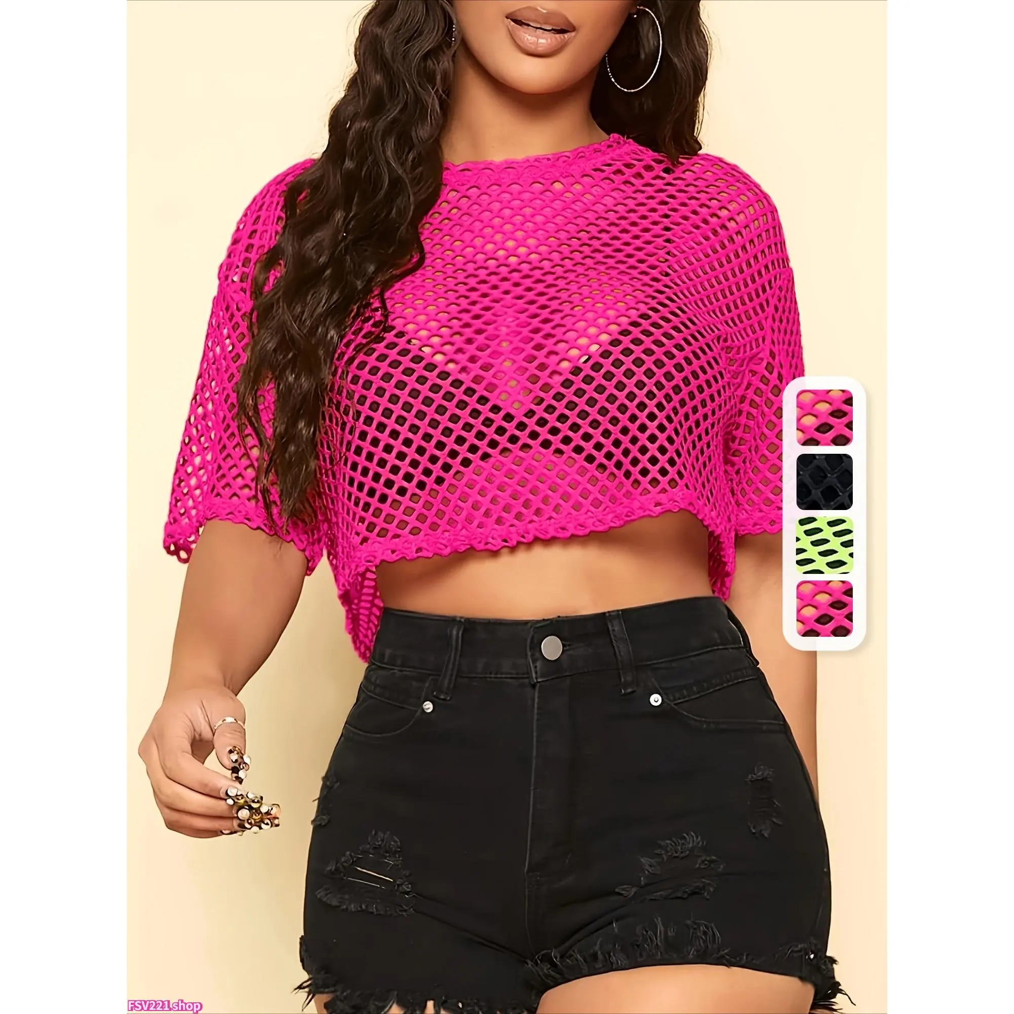 Women's Hollow Fishnet Sheer Crop Top - Short Sleeve, Round Neck, Solid Mesh Fabric, Cropped Cut, Fishnet Look, Leisurewear for Cosplay, Denim Pairing, Swimsuit Cover-Up, Tank Alternative