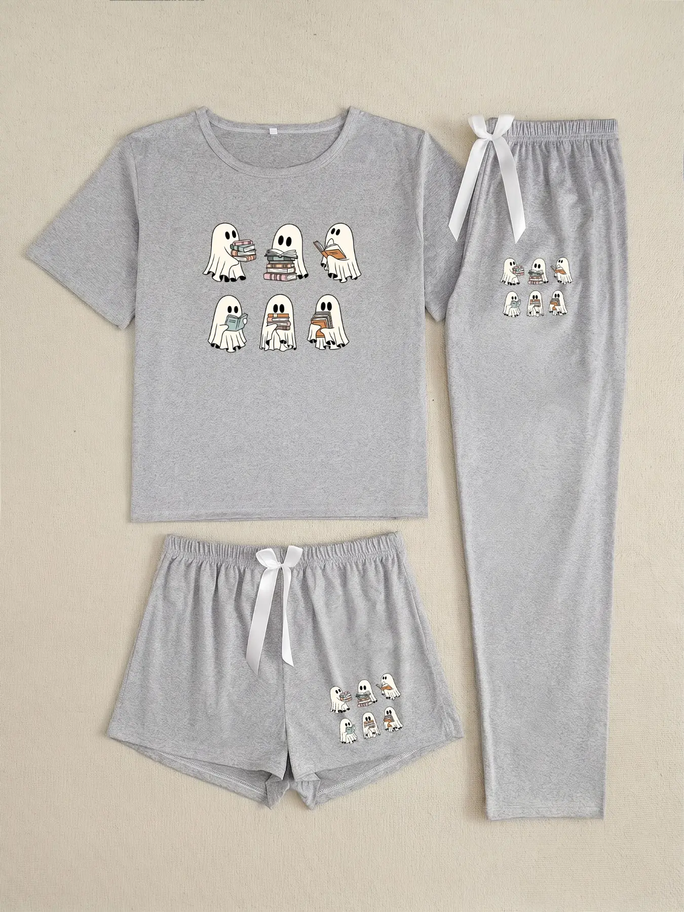 Halloween Ghost Three-Piece Pajama Set, Matching Loungewear, Casual Loose-Fitting Cartoon Pattern, All Seasons Home Wear, Unlined Plain Surface