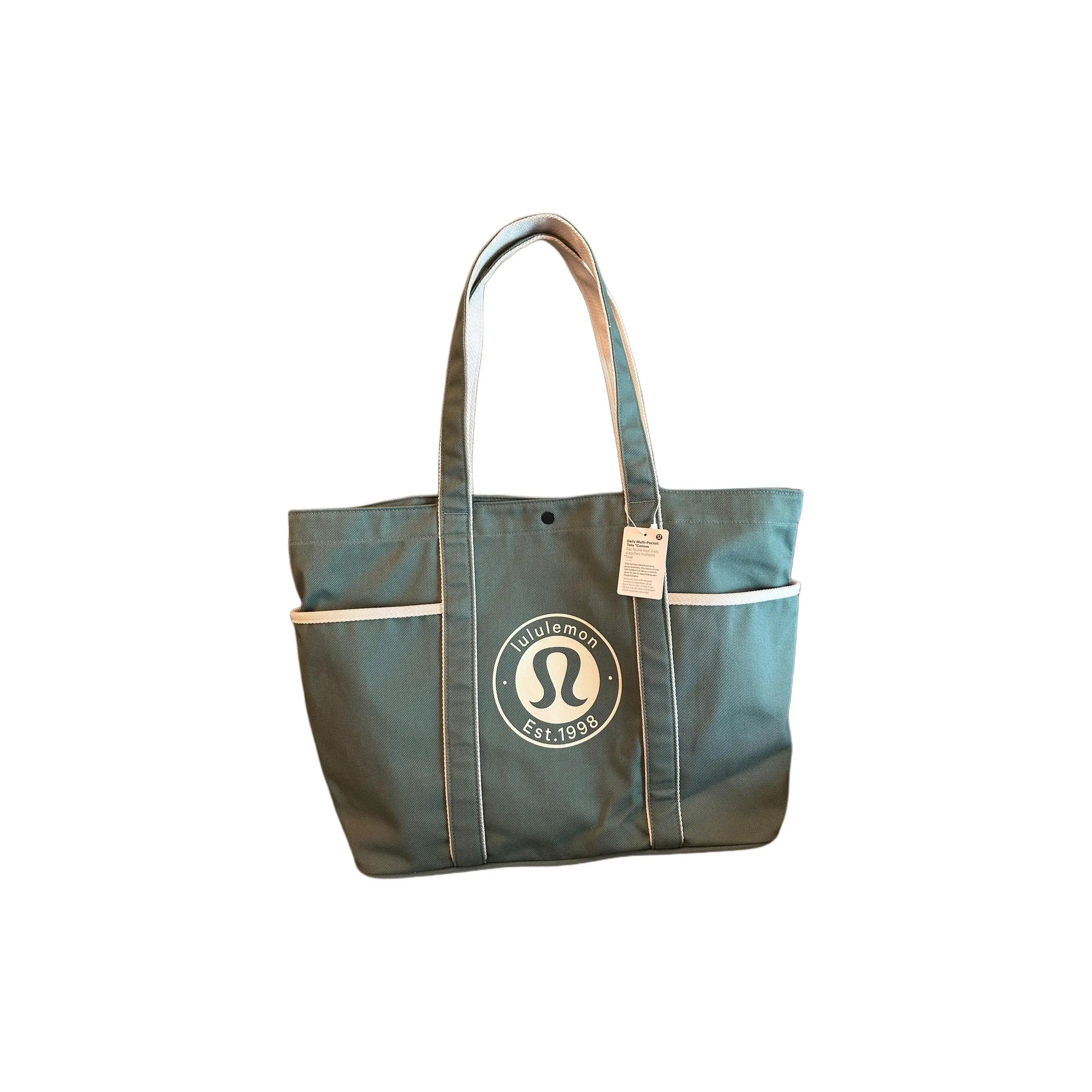 Lululemon Daily 20L Multi-Pocket Canvas Tote Bag for Men and Women – Forest Green and White Quartz