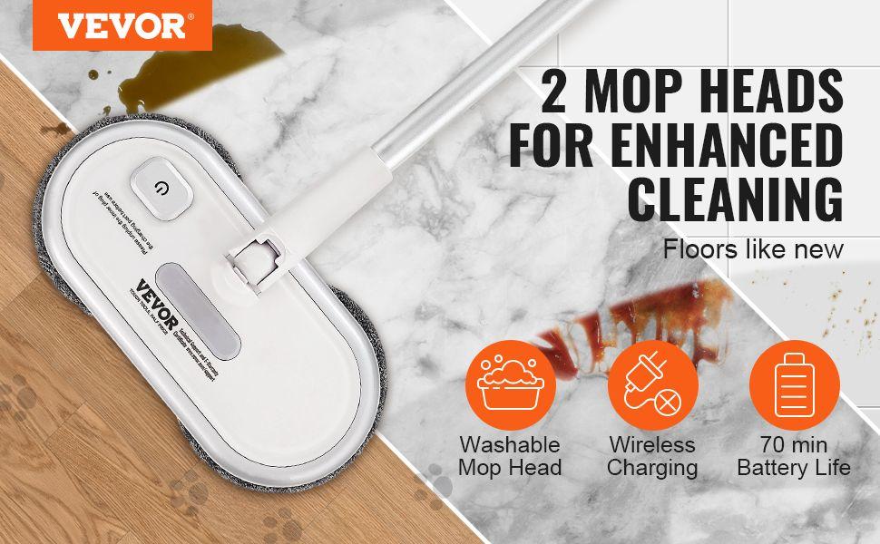 VEVOR Cordless Electric Mop, Up to 70 mins Powerful Battery, Electric Spin Mop with Dual Spinning Mop Heads, 4 Microfiber Pads & 2 Floor Scrubber Pads, for Hardwood Floor/Bathroom/Tile Floor Cleaning