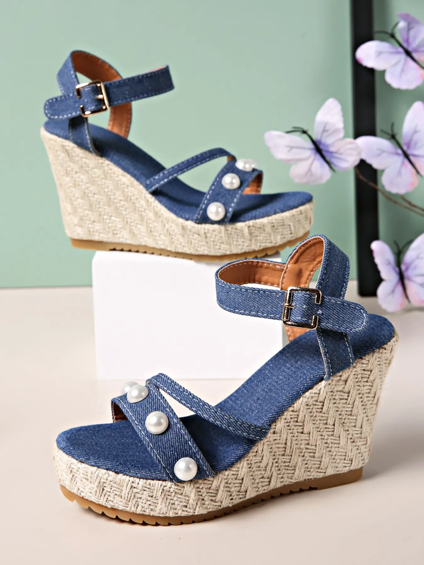 Ladies Summer Denim Fabric Wedge‑Heel Sandals, Pearls Embellished Thin Straps, Adjustable Metal Buckle Ankle Strap Woven Espadrille Platform Footwear