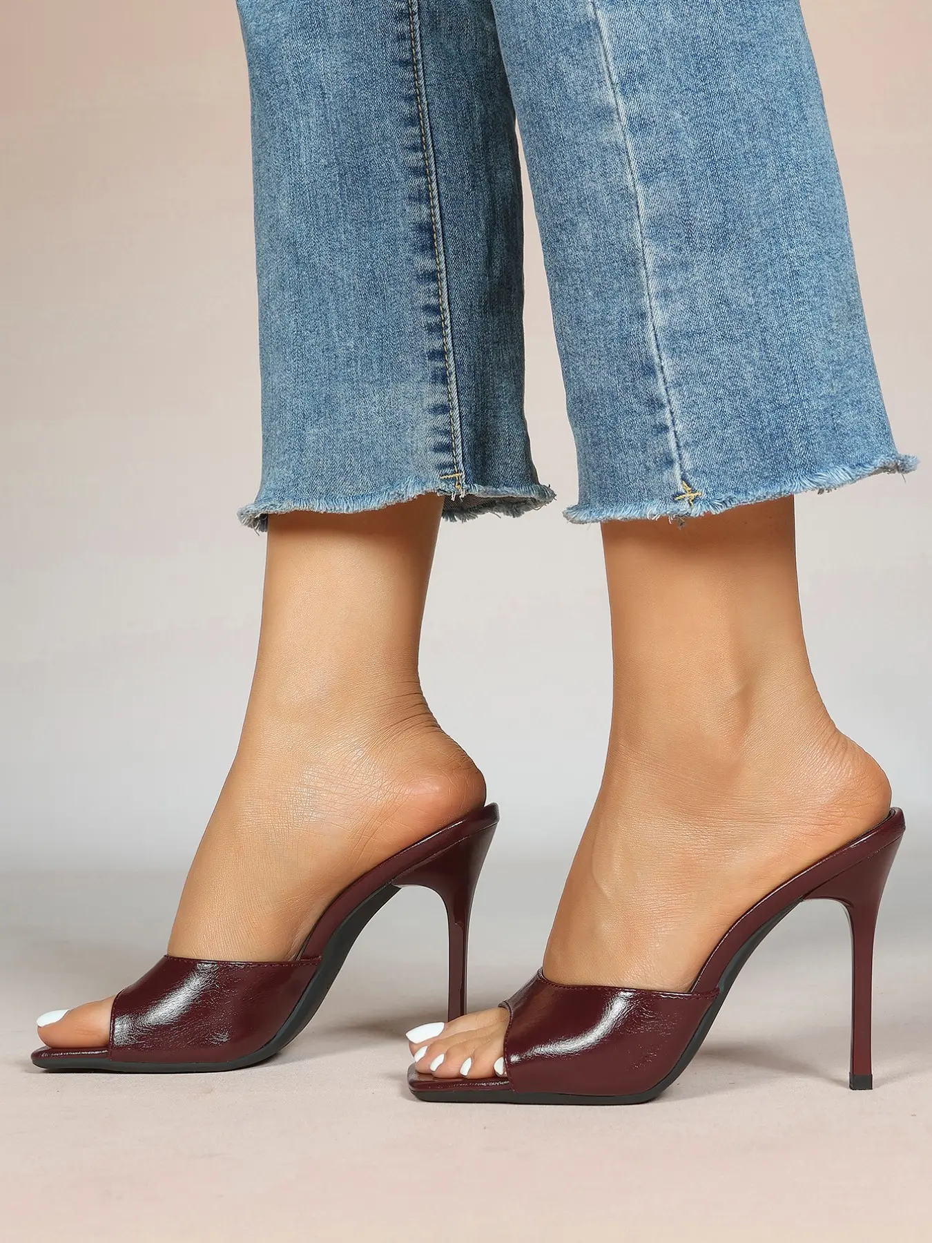 Women's Patent Leather Square-Toe High Heels, Burgundy Single-Strap Mules, Elegant Soft Sole for All-Day Comfort, Perfect for Dates, Parties & Daily Wear