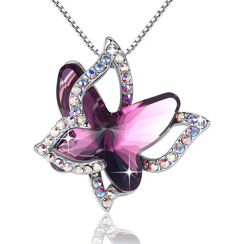 Butterfly Birthstone Necklace for Women with Crystals, Animal Theme Charm Pendant on an Alloy Chain in 12 Colors, Twelve Colors