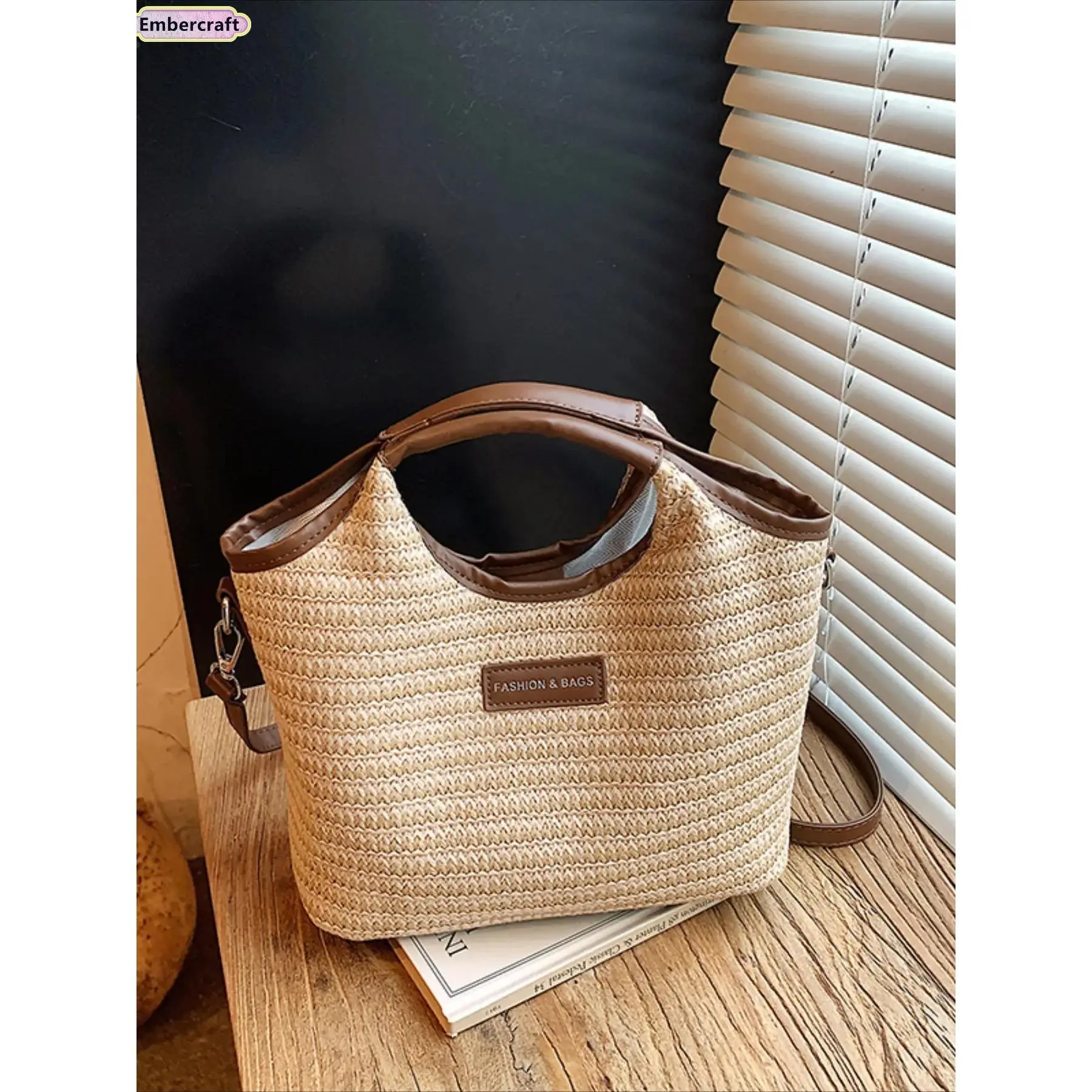 Boho Straw Bag for Women, Woven Crossbody Purses with Large Space, Casual Shoulder Handbag for Summer Beach Vacations, Beach Purse, Vintage, Shoulder Strap, Retro Shape, Woven Texture, High-Capacity, Straw/Bamboo, One-Size
