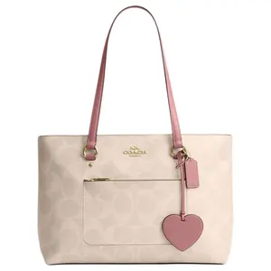 COACH Valentine's Limited Edition Station 35 Heart Pendant Leather Tote Bag for Women, Beige and Peony Pink