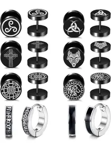 8Pairs Viking Earrings for Men Stainless Steel Norse Viking Stud Earrings Fake Gauges Plug Viking Huggie Hoop Mens Earrings Wolf Runes Divination Piercing Jewelry 18G Black
