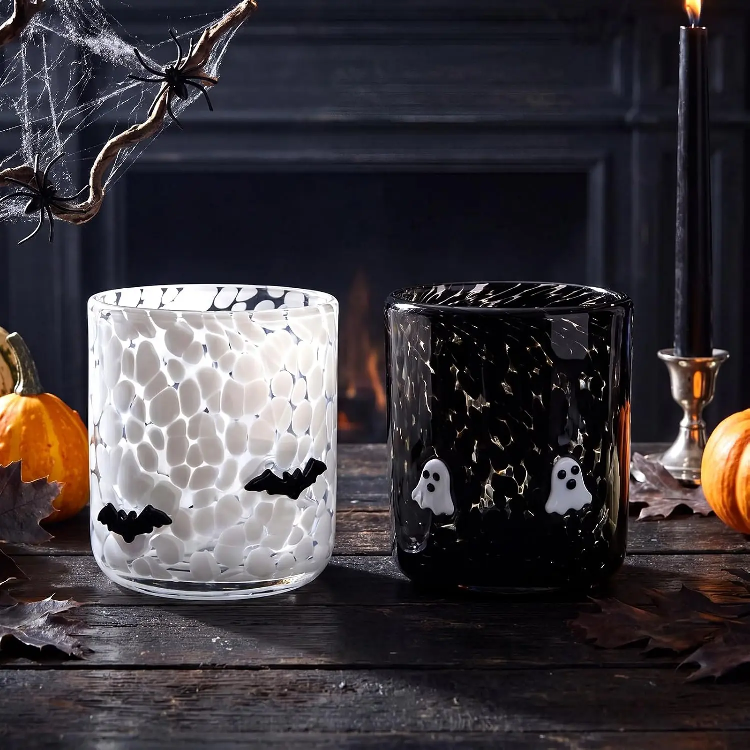 2 Pack Halloween Icon Juice Glasses Set - 14 oz , Bat Stemless Glass Cup for Coffee   Drinking - Halloween Birthday Holiday Party Supplies & Ideal