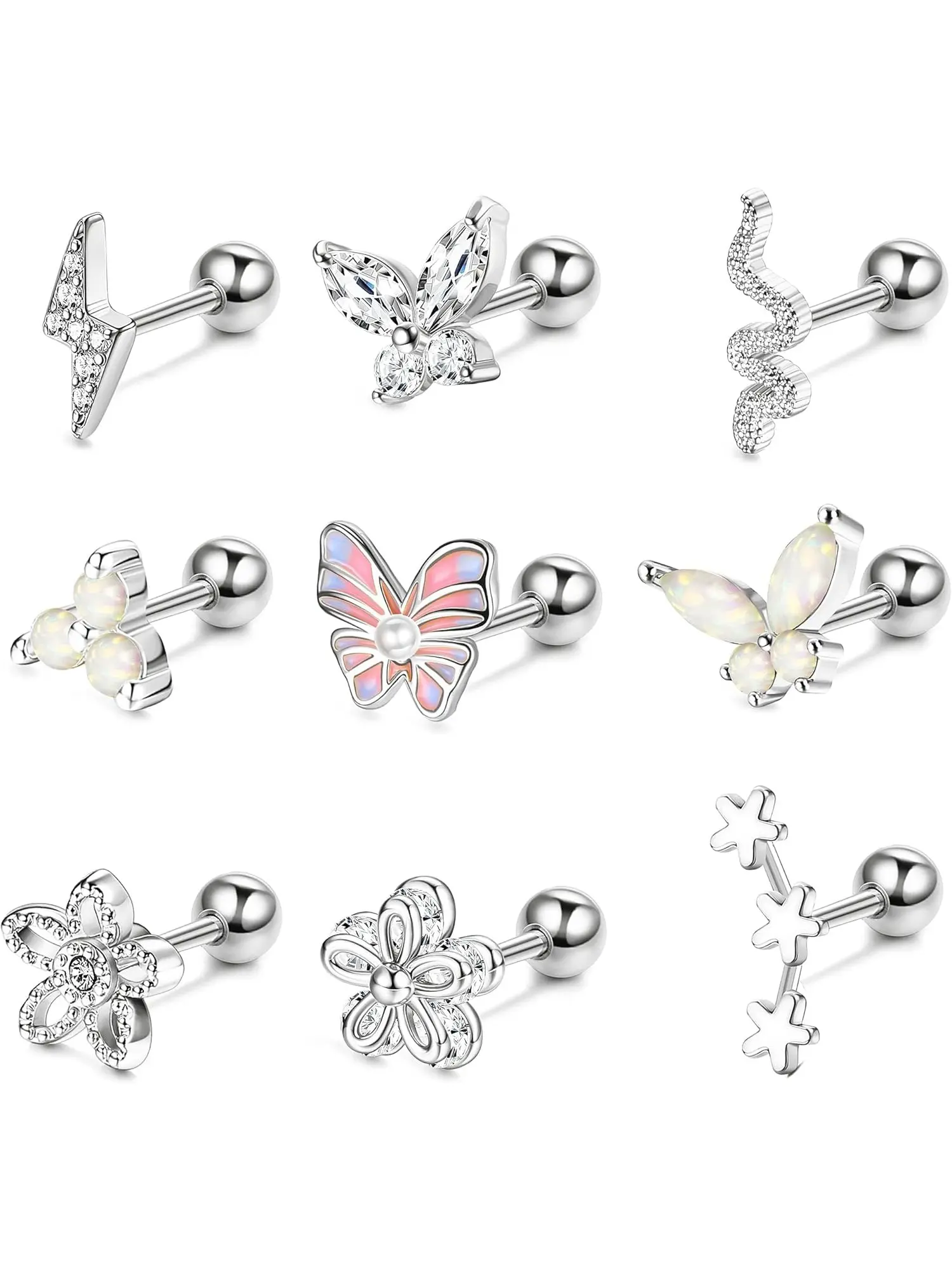 Exquisite 9 Pcs Trendy Stud Earrings Stainless Steel Cartilage Earrings for Women Men Shining CZ Stud Earrings Set Small Hypoallergenic Flower Butterfly Snake Conch Helix Piercing Jewelry Set
