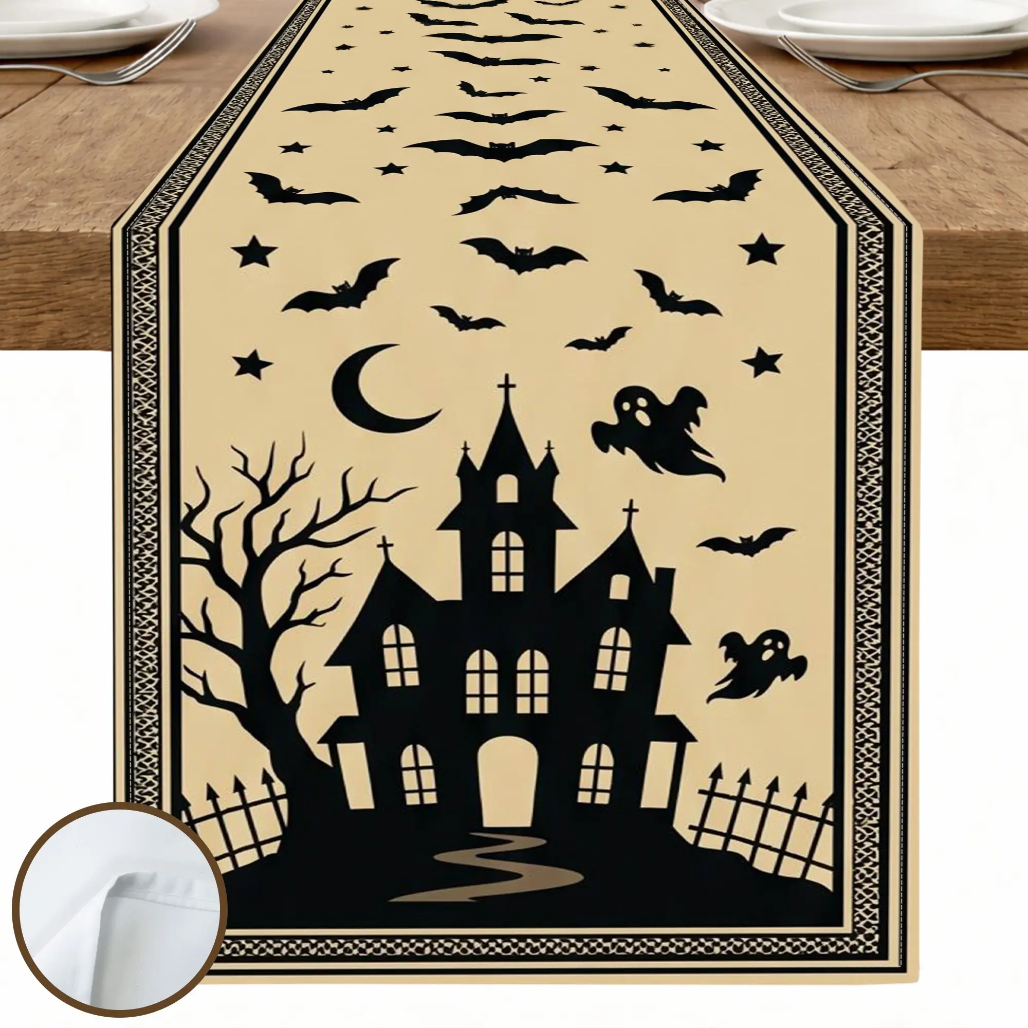 1PC Haunted House Bat Table Runner, Halloween Gothic Printed Dining Table Decor for Party Setting Kitchen Table Linen