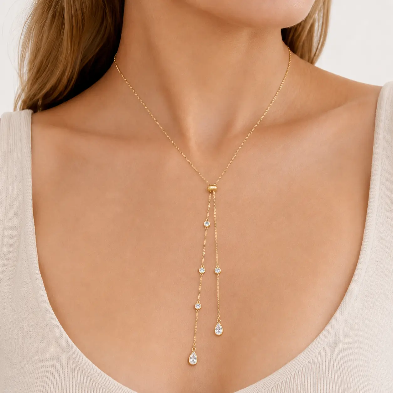 18K Gold Plated Stainless Steel Lariat Necklace for Women, Adjustable Y Necklace with White Cubic Zirconia Teardrop Tassel, Waterproof Hypoallergenic Sliding Bead Pendant Necklace