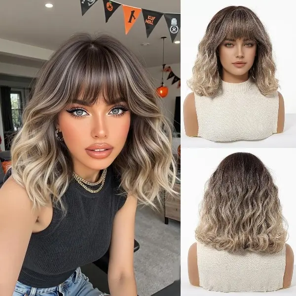 Women Long Curly Hair fashion Wigs With Air Bangs Deep Wave  display picture 2