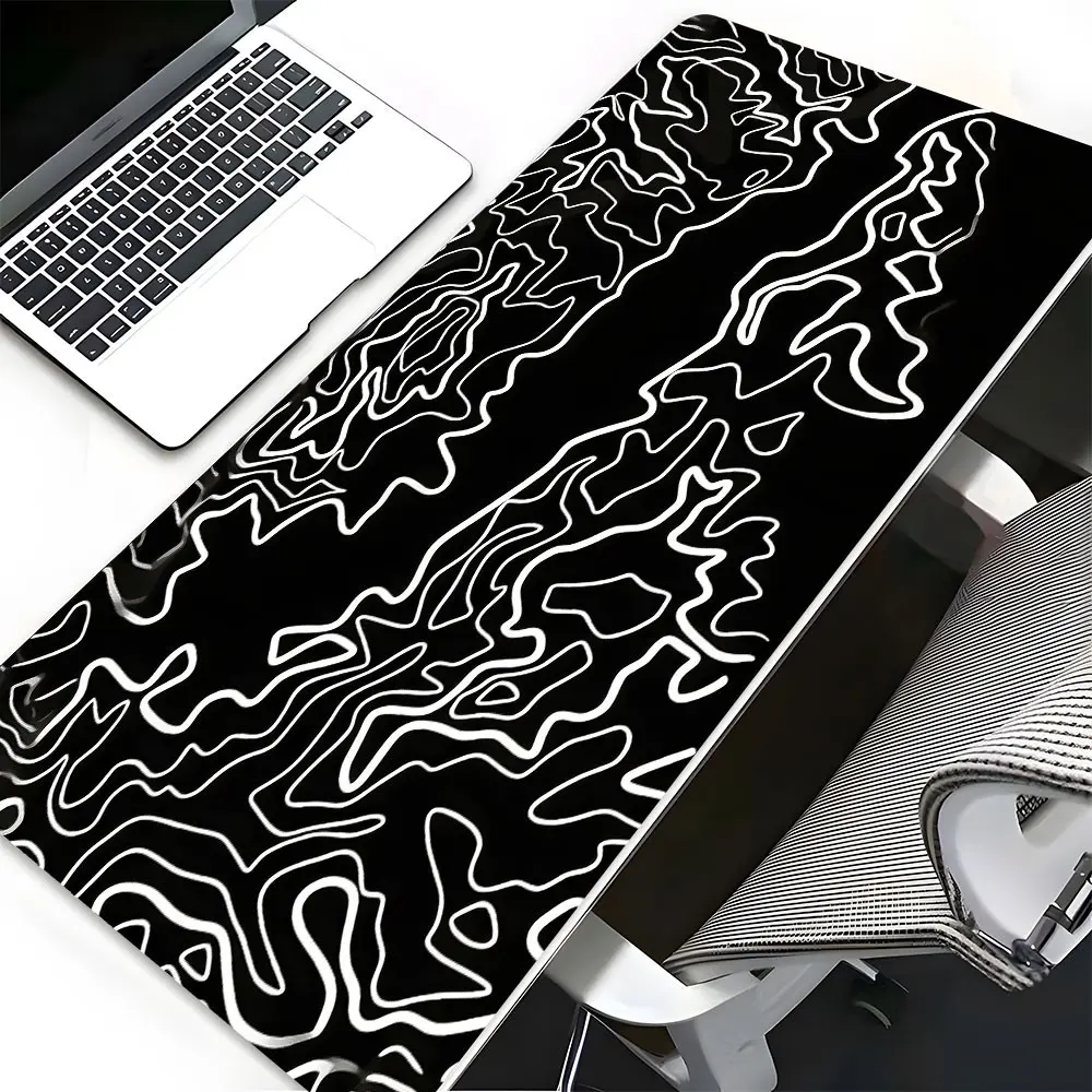 Minimalist Line Art Large Gaming Mouse Pad, Black White Dense Topographic Contour Map Extended Computer Keyboard Mouse Mat, Non-Slip Rubber Base Stitched Lock Edges Washable Desk Pad, Multi-Size for Home Office Gaming, Perfect Gift for Outdoor Hiking Fans