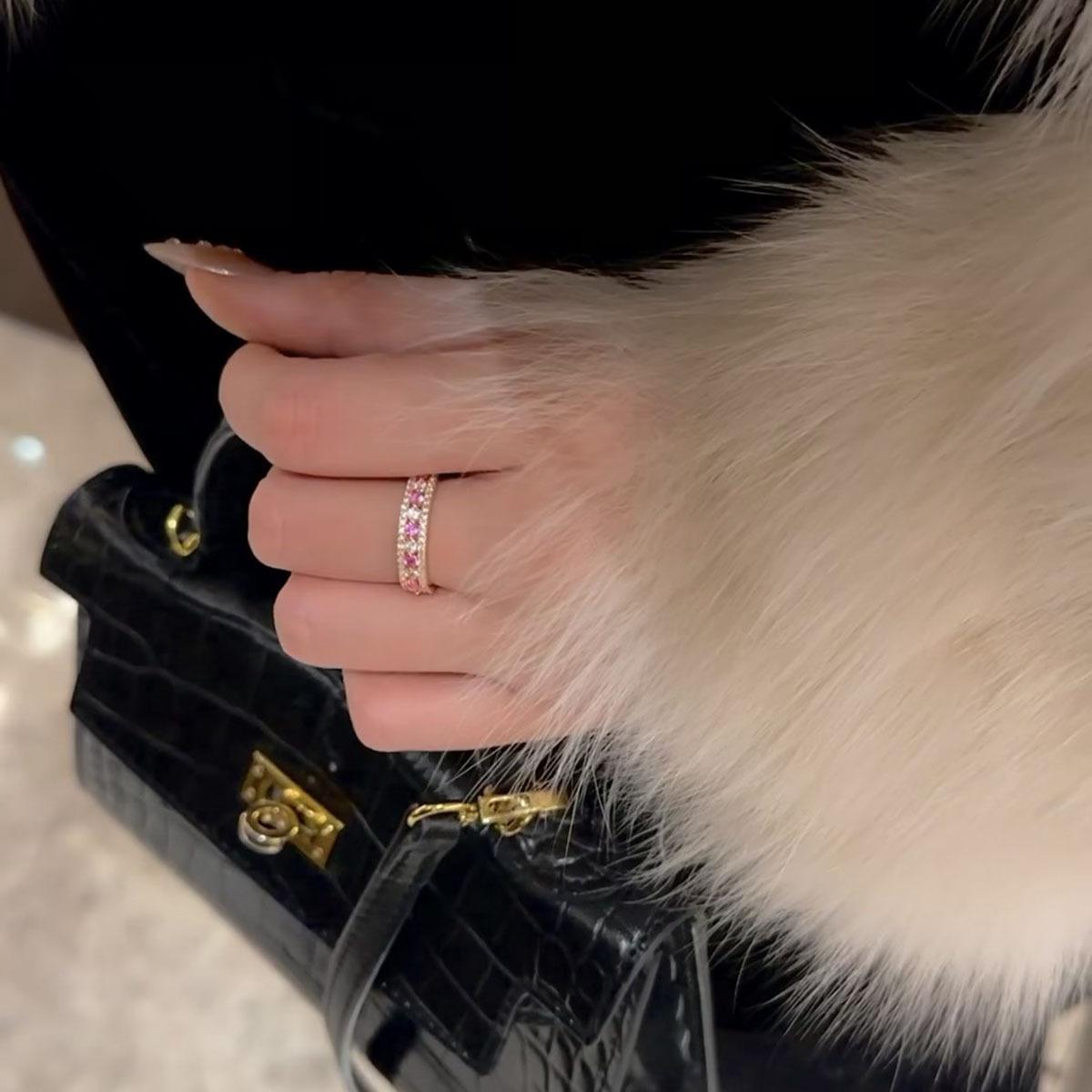 Pink Full Zircon Band Ring for Women, Korean Style Dainty Stackable Rings, Sparkling Fashion Jewelry, TikTok Trending Couple Gift, Ins Aesthetic Style