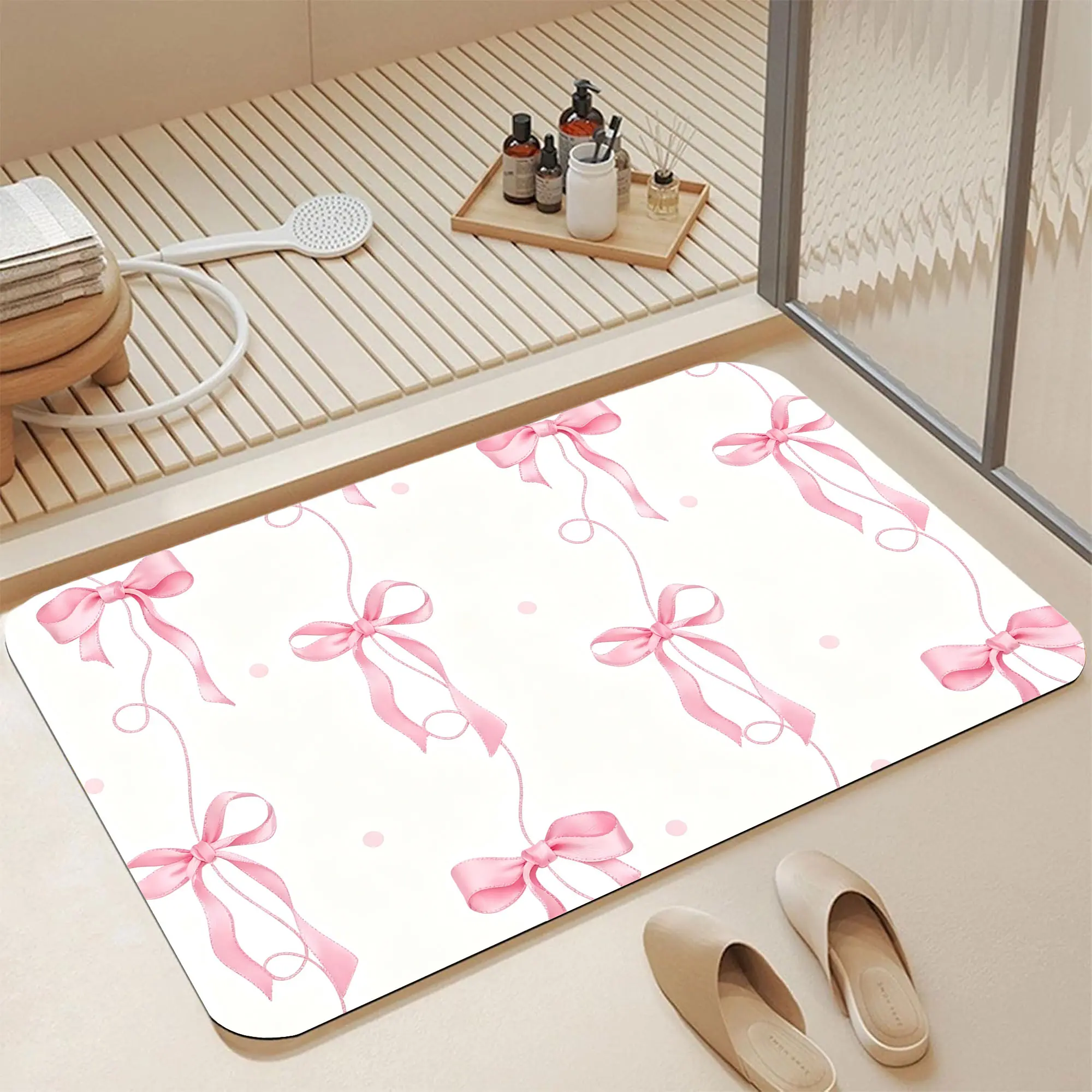 Cute Coquette Pastel Pink Satin Ribbon Bow & Tiny Polka Dot Print Diatomaceous Earth Bath Mat, 16*24 Inch |   Ultra Fast Water Absorbent Quick Dry Non Slip Anti Mildew Soft Diatomite Shower Floor Mat Easy Wipe Clean Girly Aesthetic Coquette Nursery Bathro
