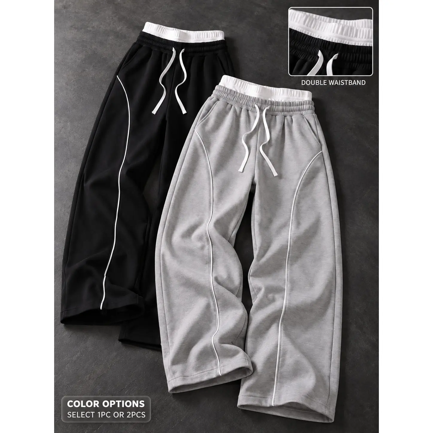 Men's 1-2 Pack Double Waist Drawstring Pants with Wide Legs, Plain Black and Heather Gray Color Choices, XS-XXL