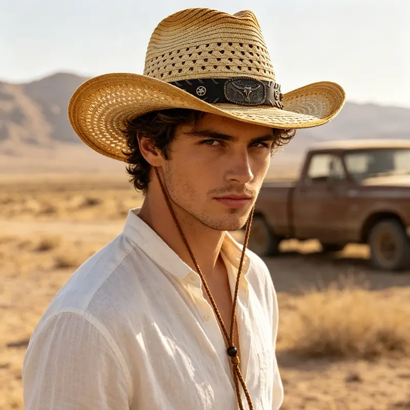 Vintage Western Cowboy Hat – Breathable Wide Brim Hollow Out Summer Hat for Men, Outdoor Travel Daily Wear, One Size High Quality Hat Casual Hat