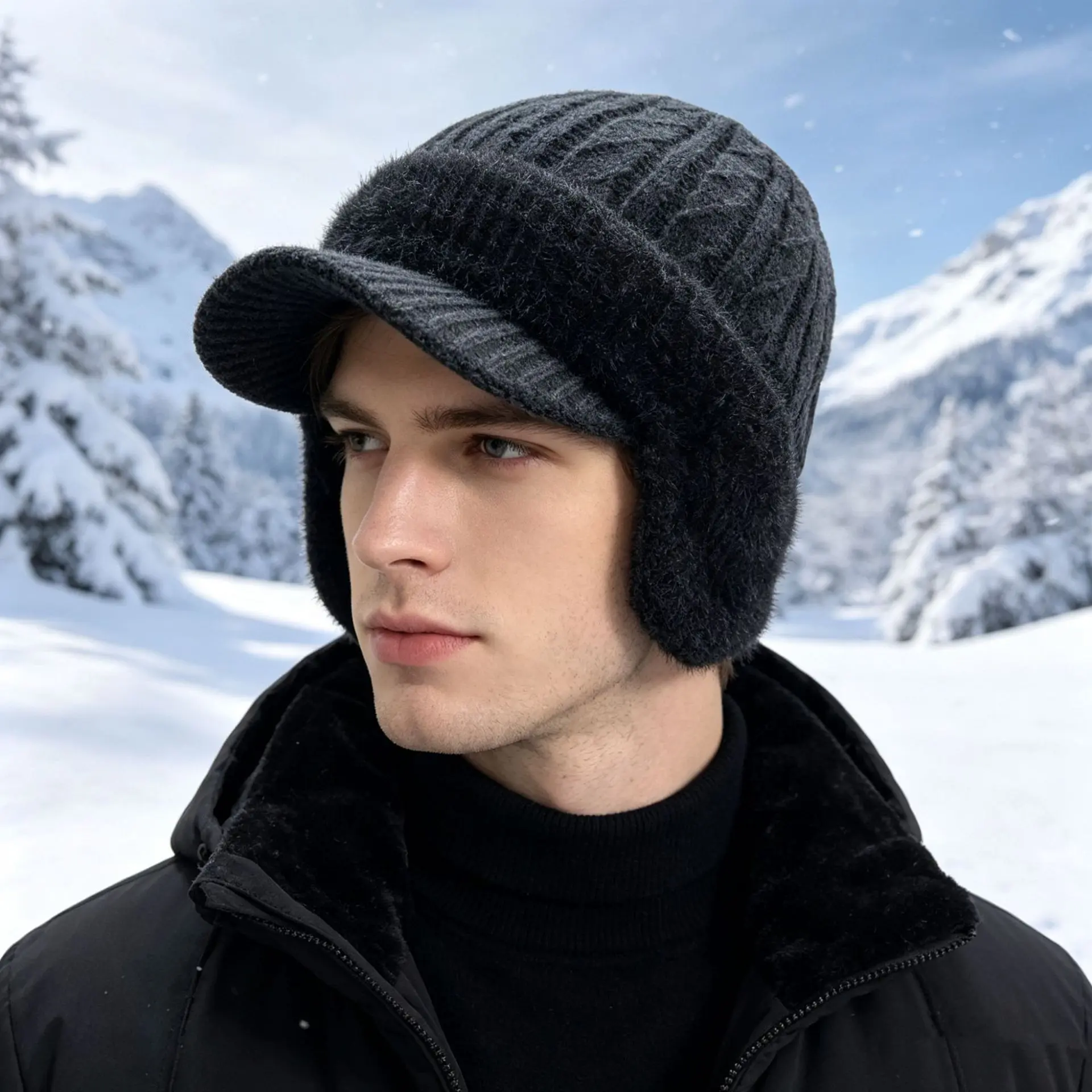 Men's & Female Thick Knit Beanie Hat - Plain Knit, Visor Brim, Ear Flaps, Cable Trapper Skull Cap, Fuzzy Fleece Lined, Warm Dark Gray Thermal, Twist 8, Casual Wear, Outdoor Skiing Snowboard Accessory, Gray [Twist Eight]