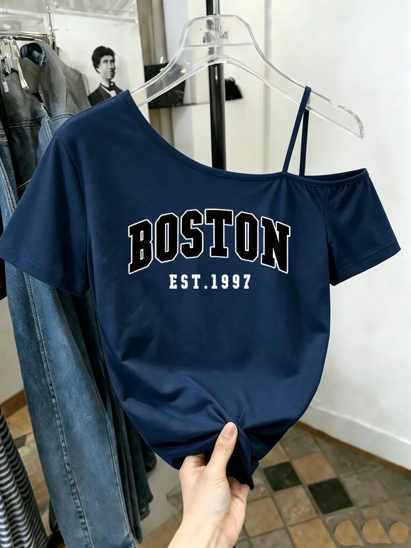 Women's Casual Off-Shoulder Short Sleeve T-Shirt, Boston Letter Print, Asymmetrical Strap Design, Fashion Loose Top