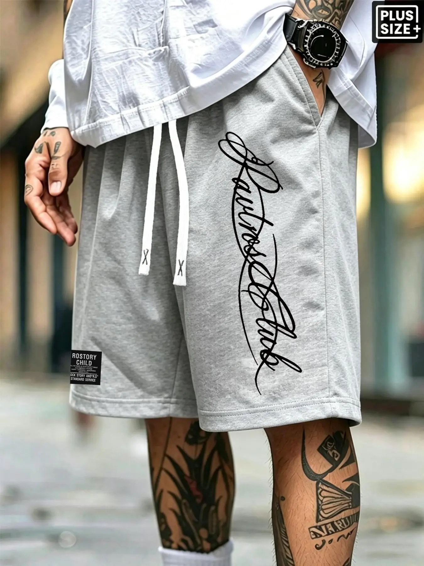 Men Plus Size Chicano Cursive Print Baggy Sweat Shorts Hip Hop Street Gym Casual Summer Beach Pool Vacation Daily Walking Drawstring Knee Shorts