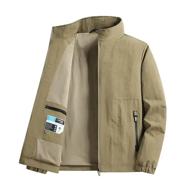 Men’s Solid-Color Stand Collar Lightweight Workwear Jacket, Breathable Quick-Dry Windproof Casual Outerwear with Elastic Cuffs, Portable Storage Pocket, Khaki Design for Commuting, Outdoor Hiking (Spring Suitable)