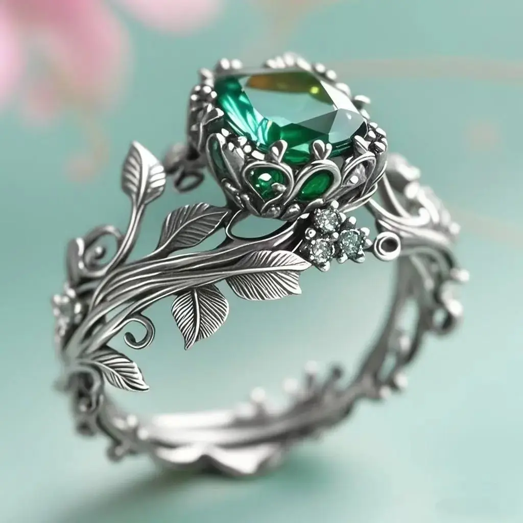 Vintage Green Crystal Totem Ring, Gothic Tribal Statement Jewelry with Ornate Filigree Design, Unique Adjustable Ring for Men and Women, Fantasy Boho Style Accessory for Daily Wear, Parties and Special Gifts
