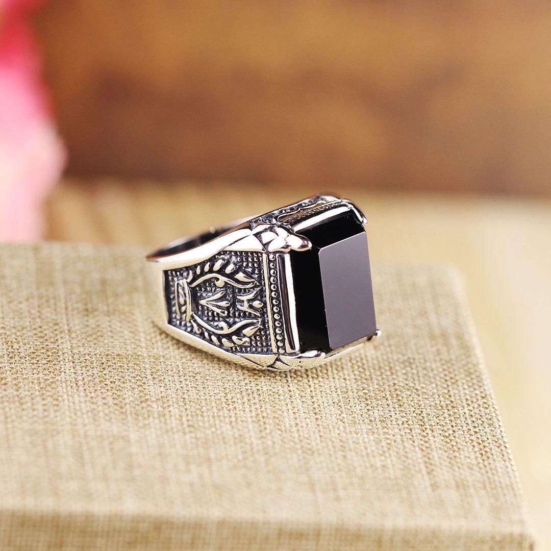 New silver advanced creative geometric diamond inlaid black agate gemstone men's lady domineering exaggerated adjustable ring