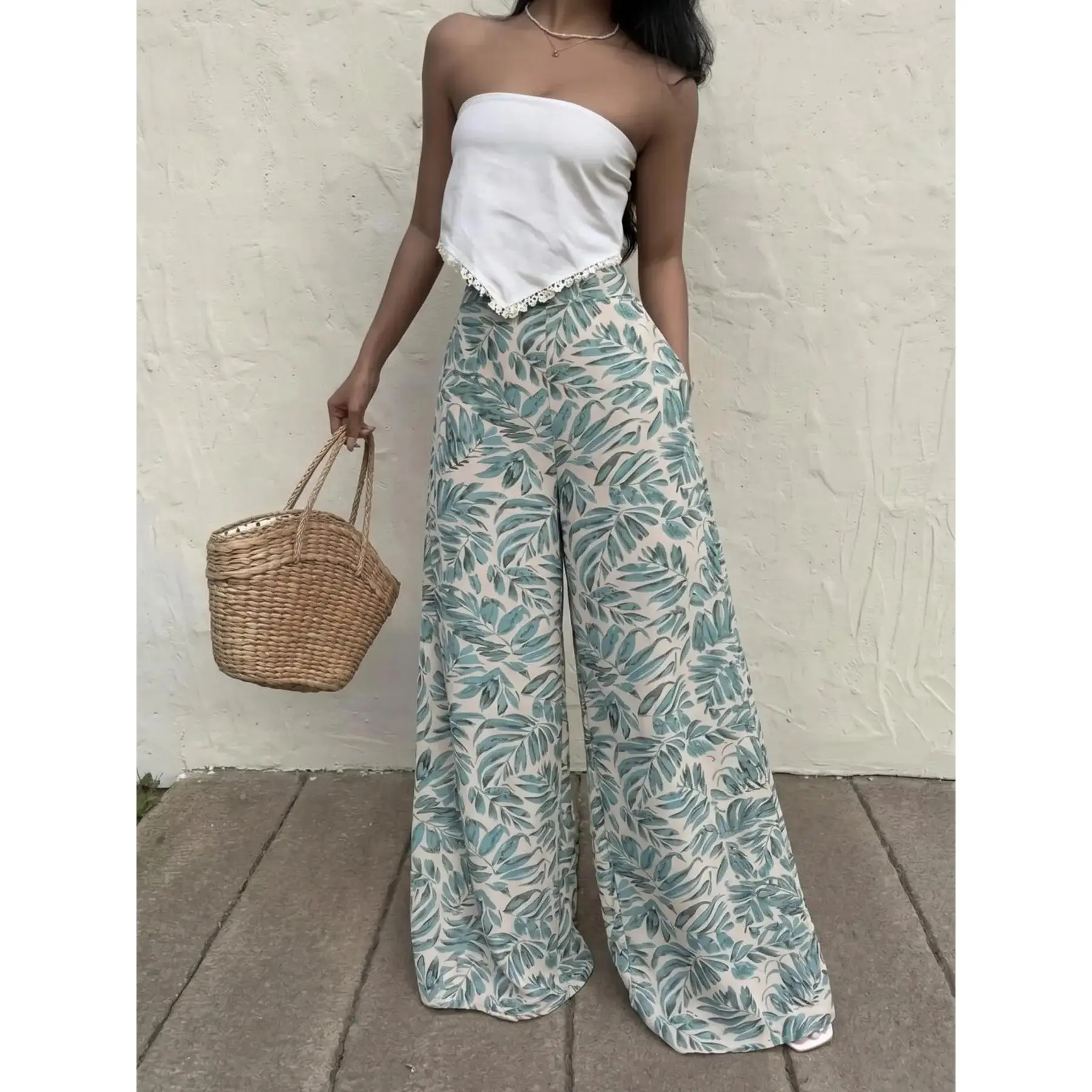 2026 Lightweight Breathable Tropical Leaf Print Waist  Wide Leg Pants for Women, Flowy Casual Resort Wear for Beach Vacations, Loose Fit Comfortable Chiffon Waisted Pants for Tropical Getaways and Outfits