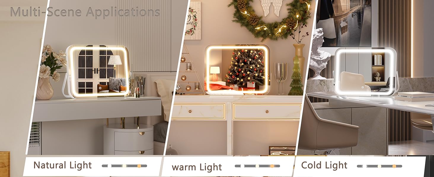 Mirror with Lights, 10" x 12" LED Makeup Mirror, 3 Modes Light, Dimmable, 360 °, Rectangle White Frame