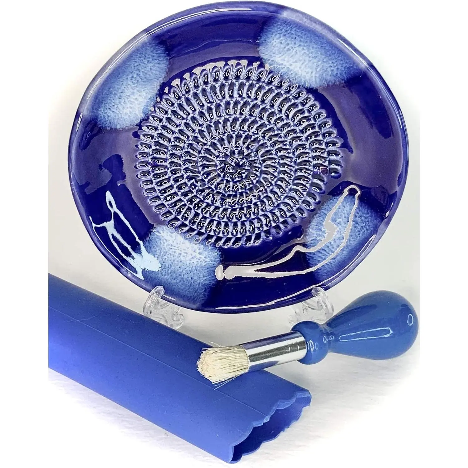 Ceramic Garlic Grater Plate 4-in-1 Set - Blue Glazed, Everyday Kitchen Utensil with Ridges, 5.25in Plate, Peeler, Brush, Stand, Easy Clean for Garlic, Ginger, Strawberries, Colorful, Grinding
