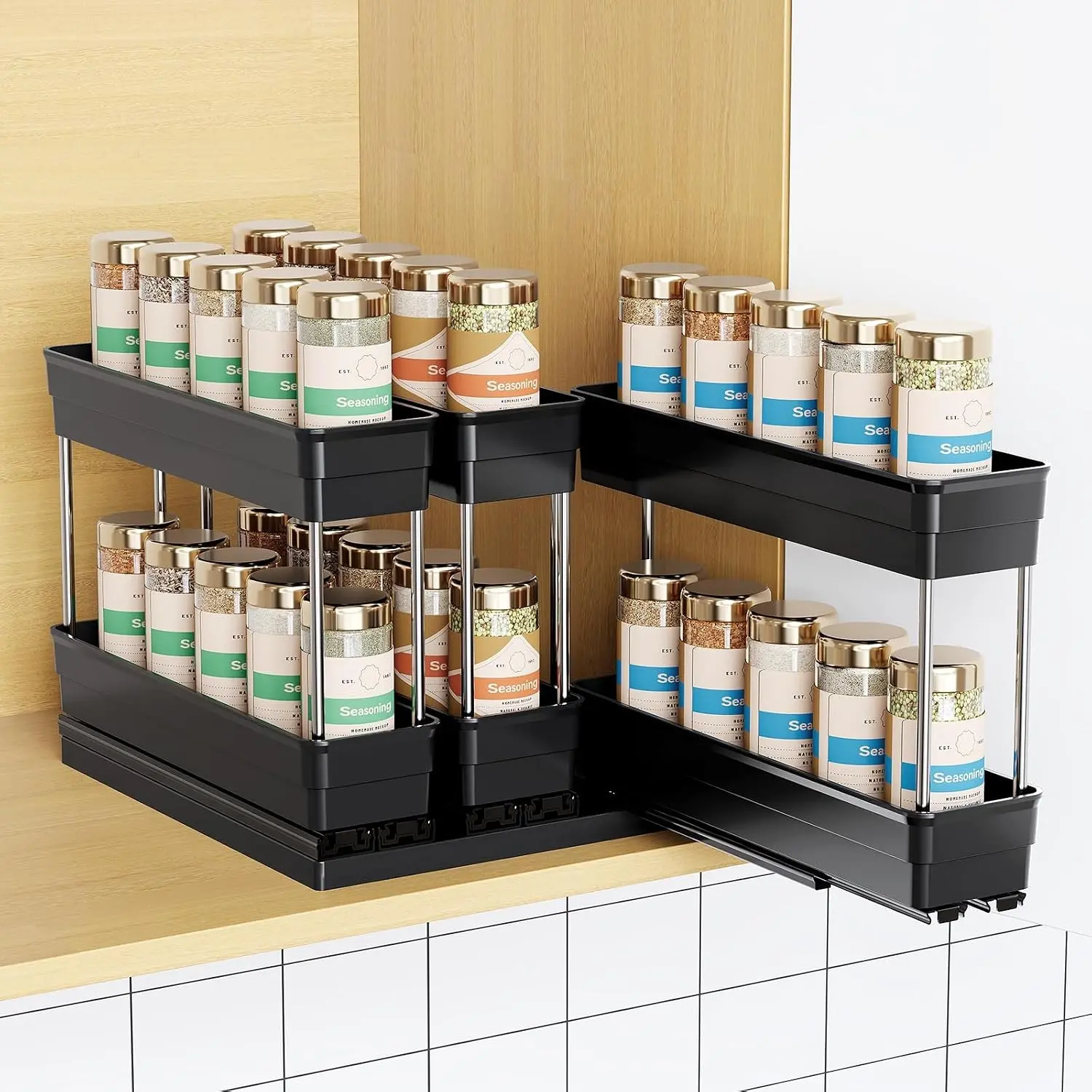 Pull Out Spice Rack Organizer for Cabinet, Slide Out Spice Racks Organizer, Easy to Install Spice Cabinet Organizers, 2.3"Wx10.66"Dx8.11"H, 3 Packs - 2 Tiers (Black)
