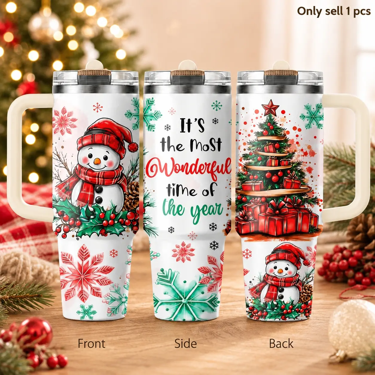 Snowman Christmas Tree 40oz Tumbler – Winter Holiday Stainless Steel Insulated Travel Cup with Handle & Straw Lid for Coffee, Water, Festive Office Days, Car, Christmas Gift Idea