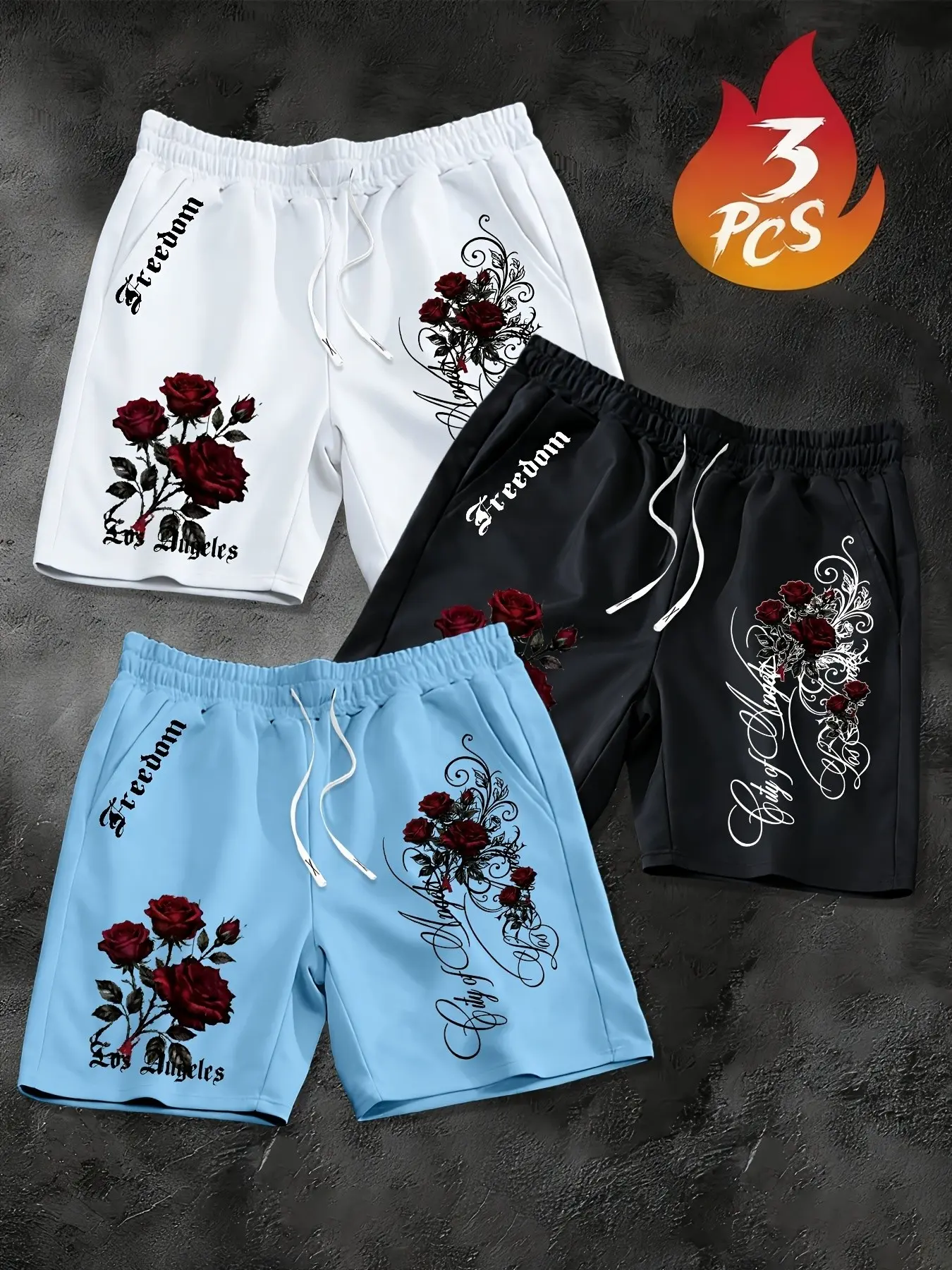 3‑Pack Men's Gothic Red Rose Print Casual Shorts, Freedom Los‑Angeles Graphic Loose‑Fit Sweat Shorts, Summer Breathable Sports Workout Shorts For Outdoor Gym Streetwear