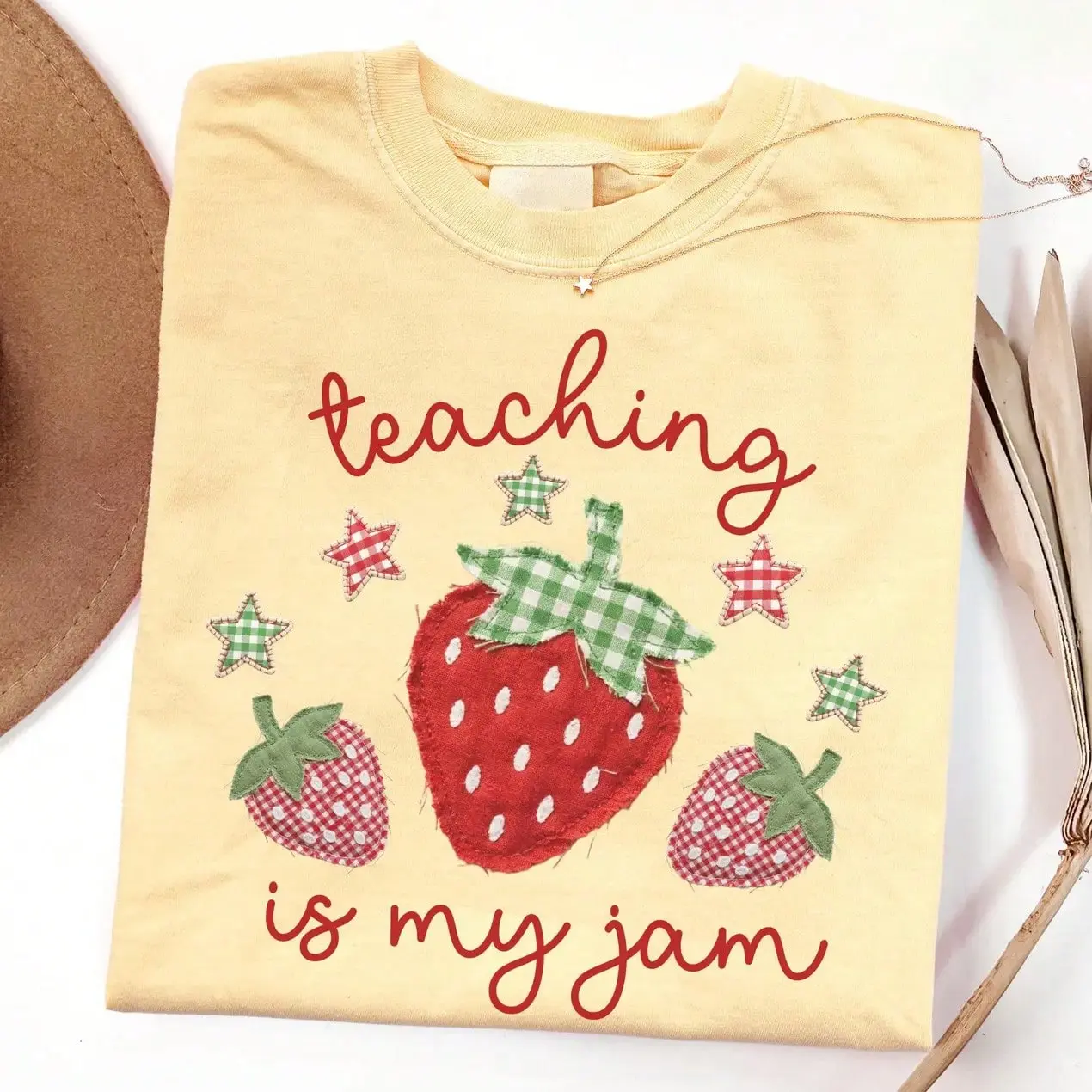 Teaching Is My Jam Strawberry Graphic Tee Retro Patchwork Style Teacher Era Short Sleeve T-Shirt Casual Top