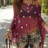 Women's Off-Shoulder Crochet Mesh Poncho Cover Up Top, Fringe Hem Round Sequins Decor Irregular Cropped Blouse, Openwork Crochet Knit Fabric, Boho Holiday Style, Vacation, Bikini Layering & Pool Outfit, Beachwear Cover Up, Crochet Cover Ups