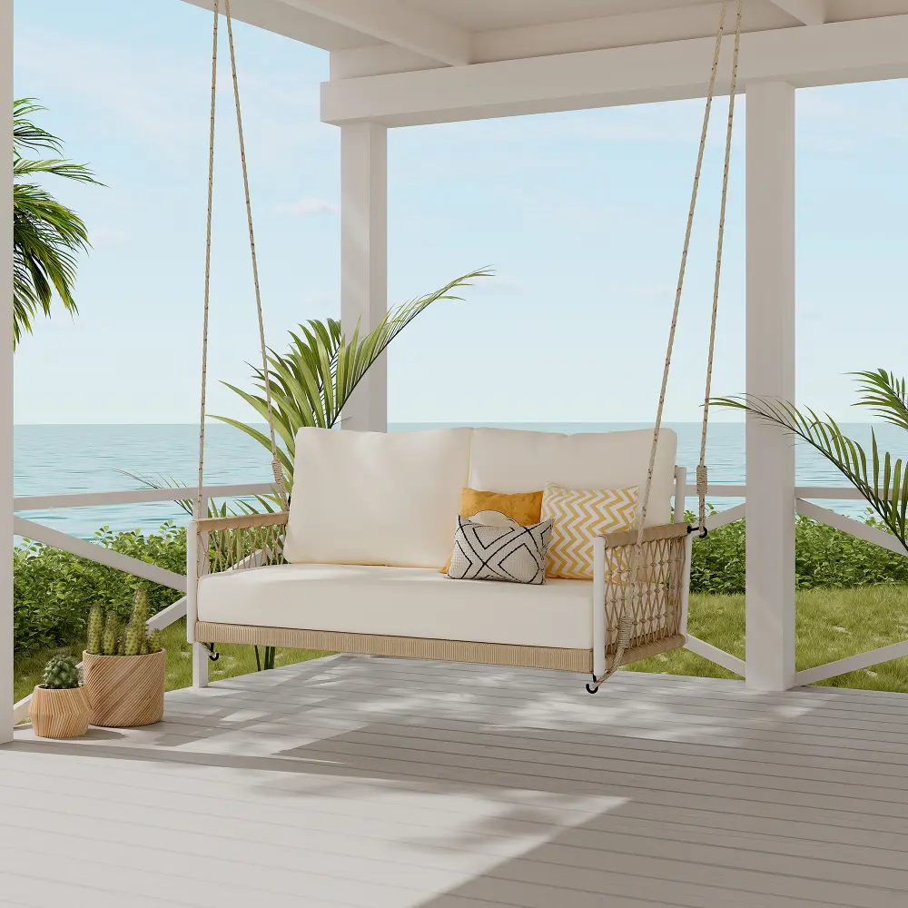 TREXM 2-Person Woven Rope Double Swing Sofa for Adults - Iron Integrated Frame, Stable, Soft Cushions, Weatherproof, Gentle Sway, Open Design, Assembly Required Patio Garden Outdoor Furniture, Friends, Resists Light Moisture