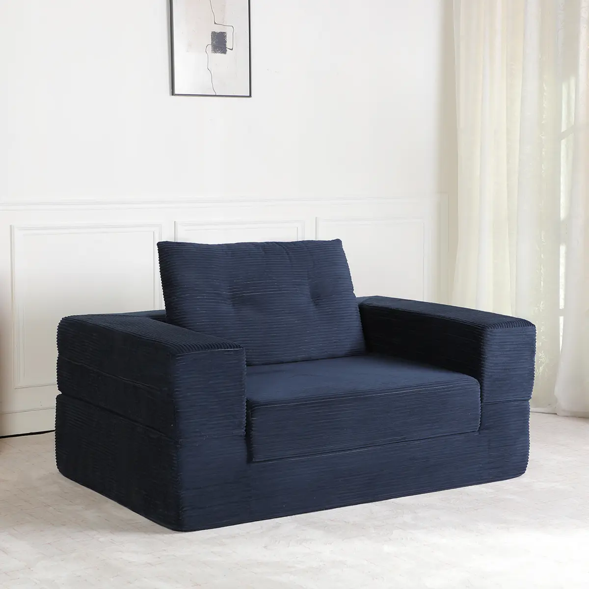 3-in-1 Corduroy Comfy Floor Sofa Bed for Adults - High-Quality Fabric, High-Resilience Memory Foam, Ergonomic Design, Pillow Included, No Assembly Required, Ideal for Reading, Cuddling, Naps, Dark Blue WL